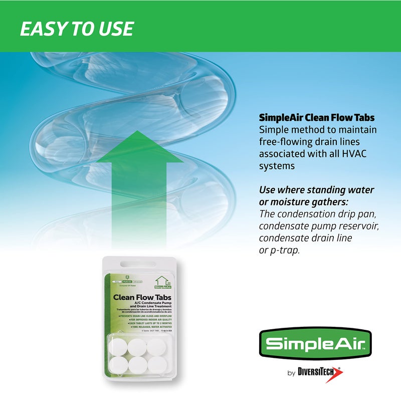 SimpleAir SACF Drain Line Clean Flow Tabs, for AC Units, HVAC Systems, Dehumidifiers, Condensate Drain Line Applications, 6 Count (1 Pack) - Image 2